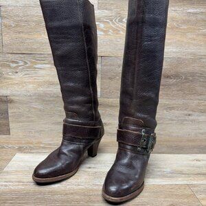 Frye Brown Leather Over the Knee Buckle Accent Heeled Boots Women's Size…